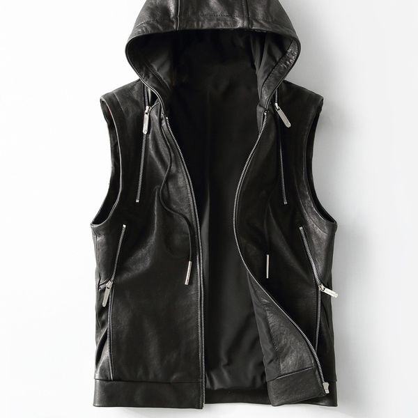 

2019 new leather vest hooded genuine leather jacket men sheepskin coat casual mens vests vintage colete masculino kfs19m014, Black