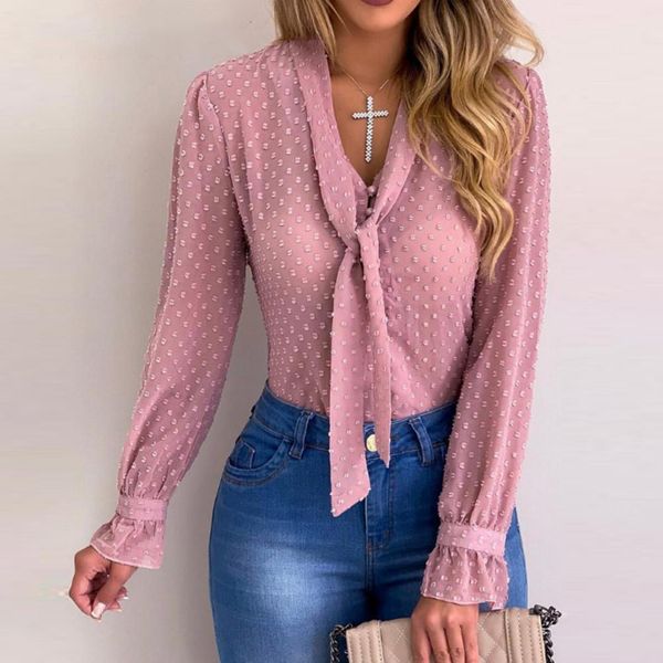 

дама дизайнер топы женщина блуза плюс размер женщин элегантного bow tie neck горошек блуза 2019 повседневного pearls кнопка блуза lady блузы, White