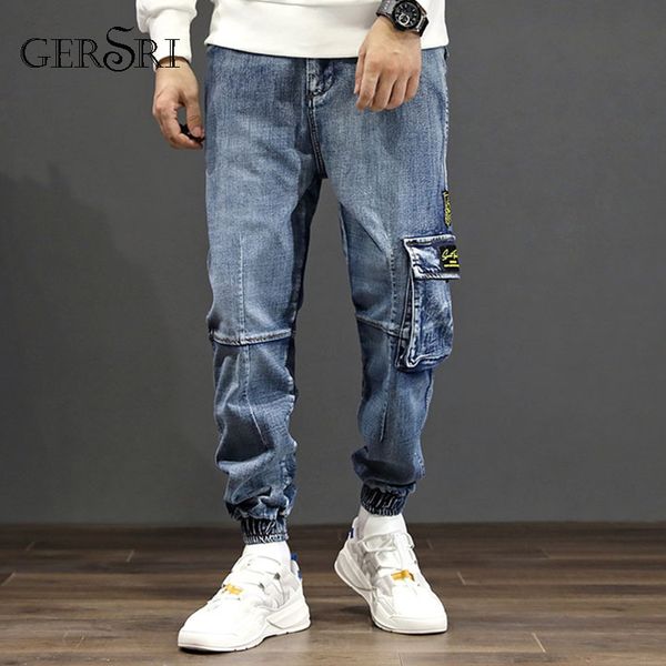 

gersri denim jeans mens pants pocket brand loose jeans elastic trousers fashion street designer men plus size 28-42, Blue