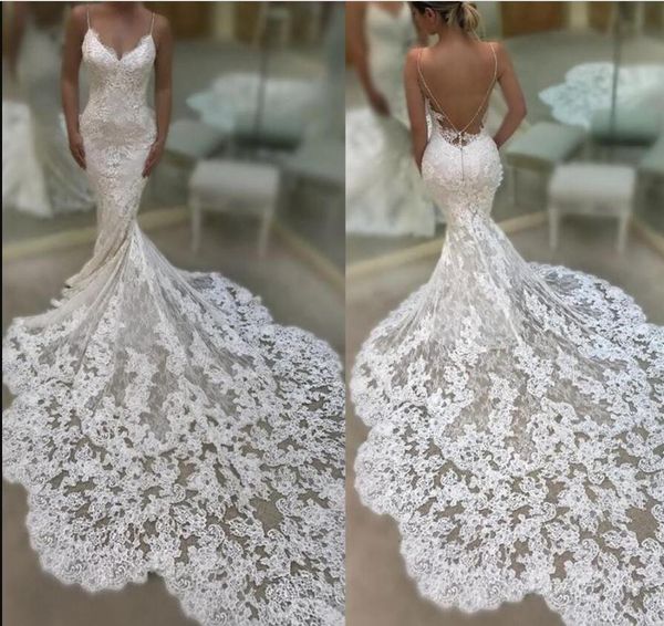 

2019 illusion spaghetti straps lace mermaid wedding dresses applique backless court train summer beach wedding bridal gowns robe de mariÃ©e, White