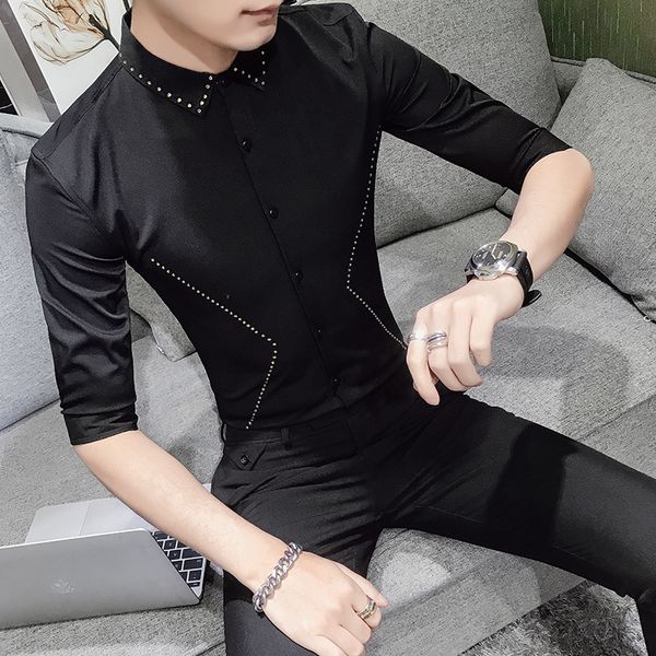

2019 летней мода алмазных рубашек мужских платьев slim fit половина рукав рубашка камиз masculina streetwear nigth club социальные рубашки, White;black