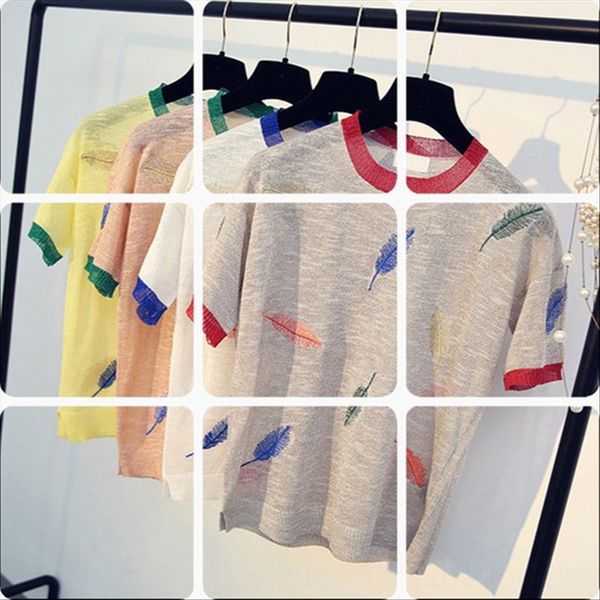 

2020 commuting loose thin embroidery ice silk all-match round collar short embroidered knitwear knitwear sleeve female, White