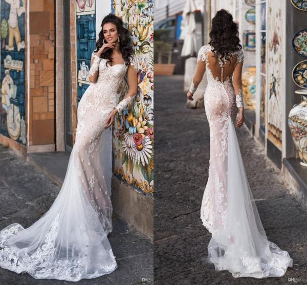 

gorgeous champagne sweetheart country wedding dresses 2019 sheer long sleeve illusion back mermaid lace appliques tulle bridal gowns, White