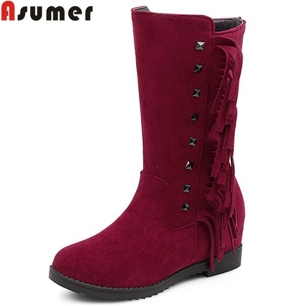 

asumer 2018 fashion new mid calf boots round toe flock fringe winter boots casual comfortable ladies shoes height increasing, Black
