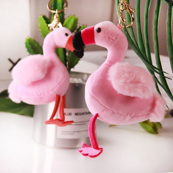 

fashion flamingo stuffed plush keychain fluffy pink cute key chain for women car bag keyrings jewelry accessories, Silver