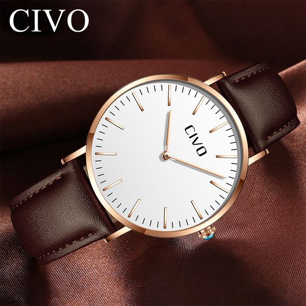 

civo watch brand luxury waterproof quartz wristwatch classic design genuine leather ultra thin watch relogio masculino, Slivery;brown