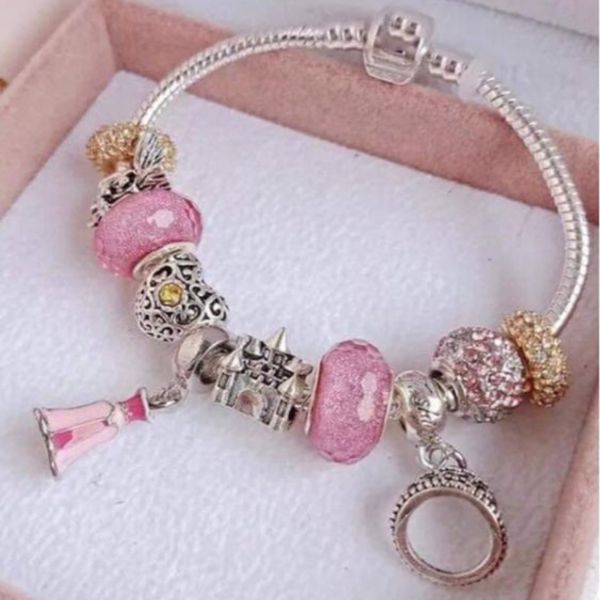 

2021 togory pink skirt pendant charm bracelets for women wedding silver rhinestone heart fine bangles jewelry pulseras, Golden;silver