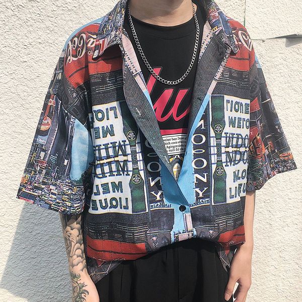 

2018 Man's Summer Newest Fashion Graffiti Short Sleeve Printing Street Tide Loose Casual Popular Square Neck Shirt M/xl