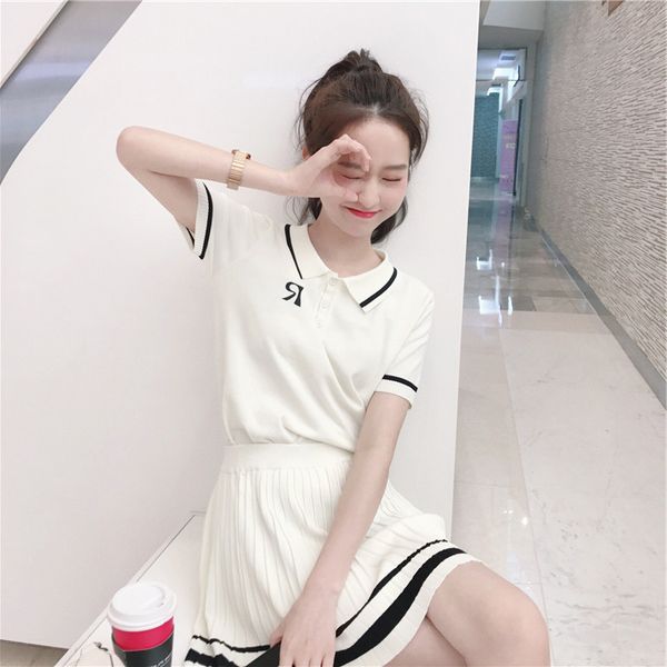 

fashion women summer sports thin knitted 2pcs pleated colorblock mini skirt polo collar short sleeve stripes t-shirt t200616, Gray