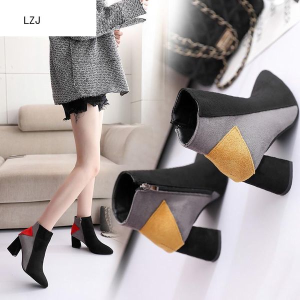 

lzj women motorcycle boots female pointed toe fashion woman heel mature vintage zip casual lady mixed colors botas mujer 7cm, Black