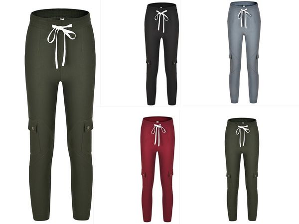 

high elastic pants women autumn casual skinny pocket pencil pant female waist drawstring spring army green trousers s-xxl, Black;white