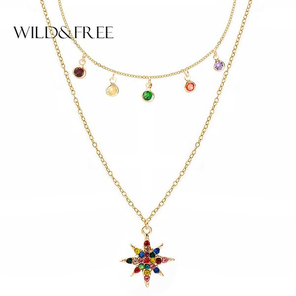 

wild&2019 new design star necklace for women 2 layered colorful crystal beads pendant choker necklace christmas party gift, Golden;silver