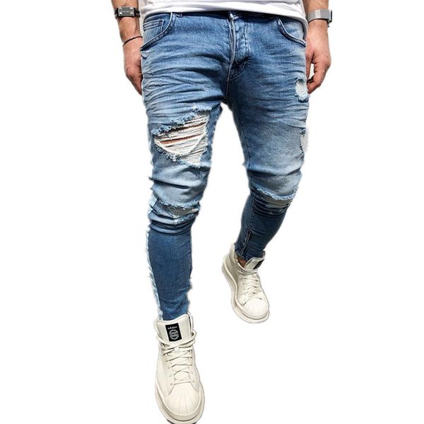 

men hip hop biker jeans 2019 fashion skinny stretch denim ripped hole freyed slim fit male pencil pants plus size, Blue
