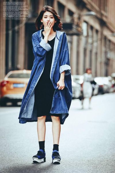 

european and american style women loose super long coat jacket fashion hooded denim long open coat jacket ing, Tan;black