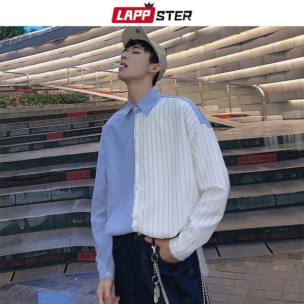 

men striped patchwork shirts 2019 mens harajuku korean fashions long sleeve shirts casual slim fit button shirt 5xl, White;black
