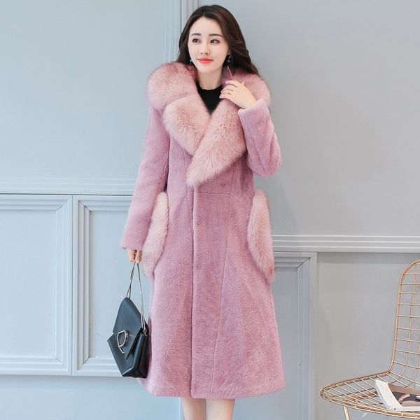 

new warm winter women faux fur overcoat fur lapel collar long coat mid length fluffy jacket female outwear 4xl, Black