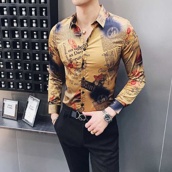 

men's casual shirts retro spaper printing mens social club dress slim fit gold camiseta floral vintage clothing long sleeves, White;black