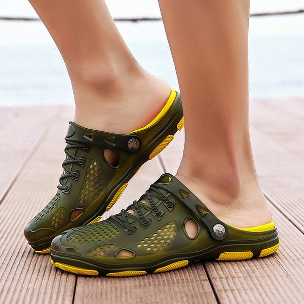 

aruonet new men summer beach flip flops breathable water sandals male gardening outdoor shoes hollow out sandalia masculina, Black