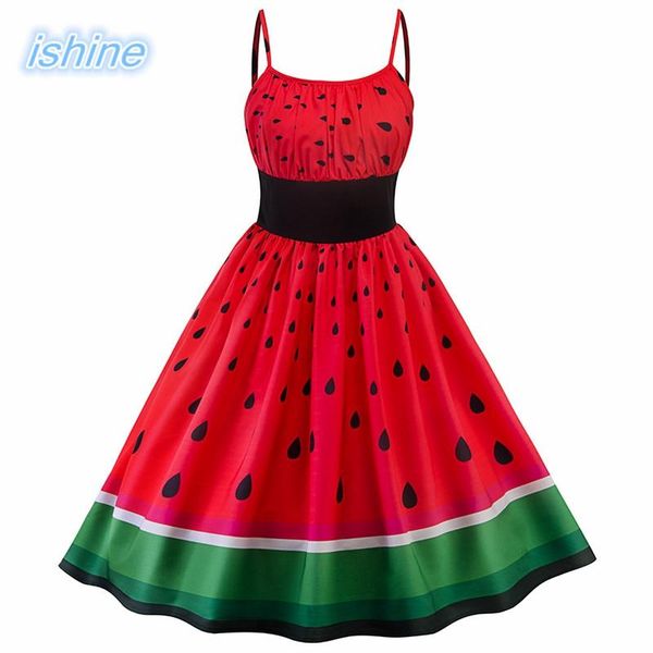 

2018 summer dress vintage rockabilly dress jurken 60s 50s retro big swing watermelon print women audrey hepburn vestidos, Black;gray