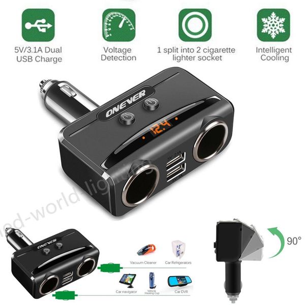 

car usb cigarette lighter socket splitter 12v-24v power adapter max 5v 3.1a dual usb car charger with voltmeter lcd