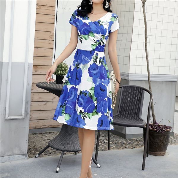 

women new designer printed dress summer fashion short sleeve famale clothing floral crew neck dress, White;black