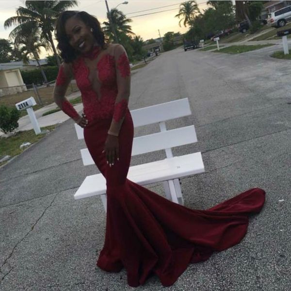 

sheer burgundy long sleeve prom dresses black girl african high neck lace appliques mermaid evening dress party gowns, Black;red