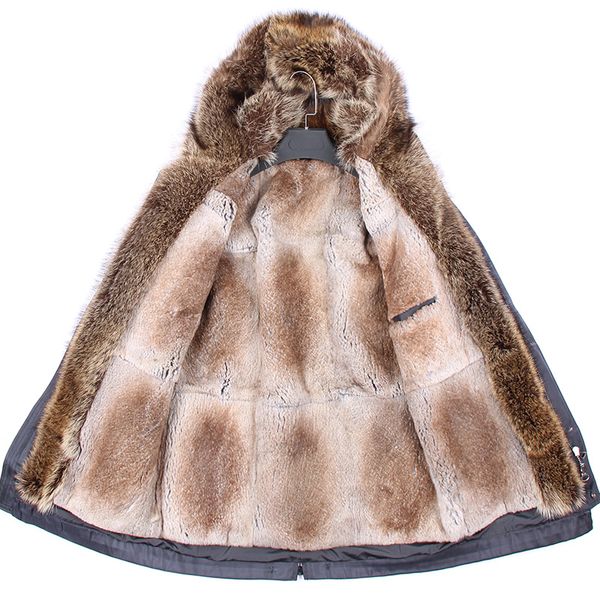 

men rex rabbit fur parkas brown hooded raccoon fur lined canvas parka maomaokong brand brown rabbit fur lining navy blue long parkas, Black