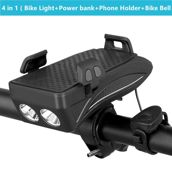 

4 in 1 bike light front handlebar light phone holder with power bank bicycle bike bell lamp for mtb