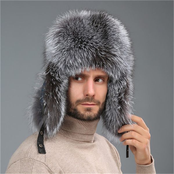 

mens real fox fur and real leather hat russian ushanka winter warm aviator trapper bomber ski earmuffs cap, Blue;gray