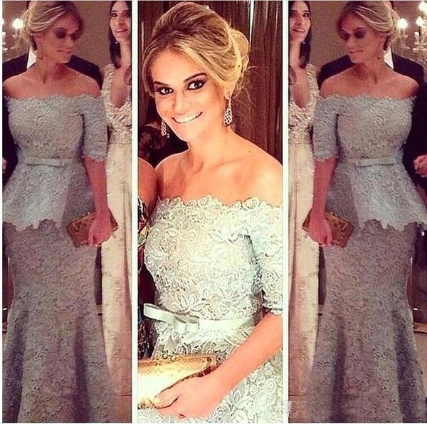 

2018 New Gray Lace Evening Dresses Sexy Off Shoulder Half Sleeves Sash Bow Formal Prom Party Gown Mother of the Bride Dresses