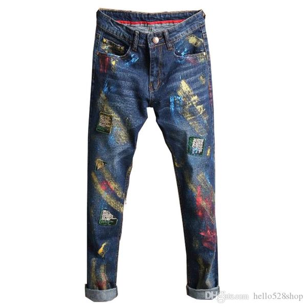 

fashion colorful personality jean trousers inkjet small straight casual four seasons paint design men jeans pants, Blue