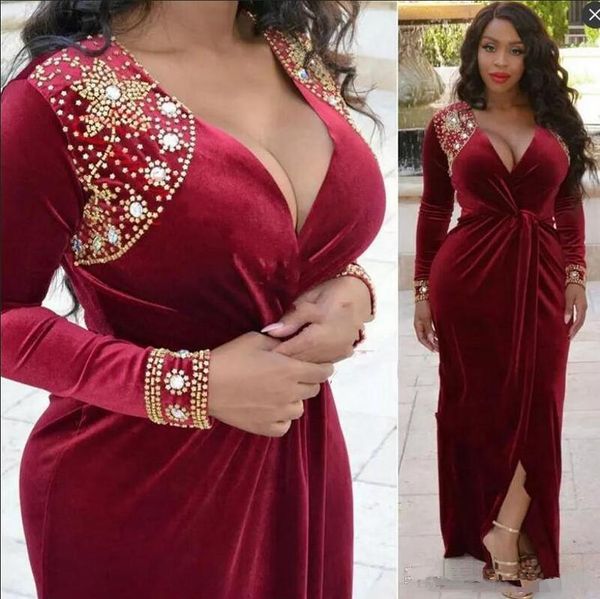 

african velvet plus size evening dress dark red deep v neck front split long sleeves prom dresses beaded formal party gowns robes de soiree, Black;red