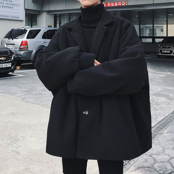 

uyuk2019 winter loose-fitting all-korean version of the coat men's long lapel casual temperament trend woolen overcoat hombre, Black