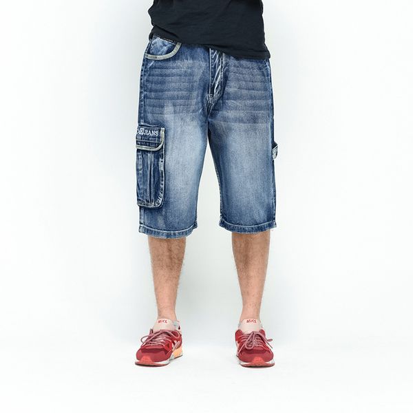 

2019 men's summer cotton jeans shorts hip hop multi pockets baggy light blue streetwear denim jeans shorts clothing male bermuda