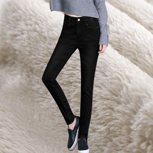 

women pants plus size thickening velvet plush skinny jeans high waist elastic denim pants winter warm jeans female trousers, Blue