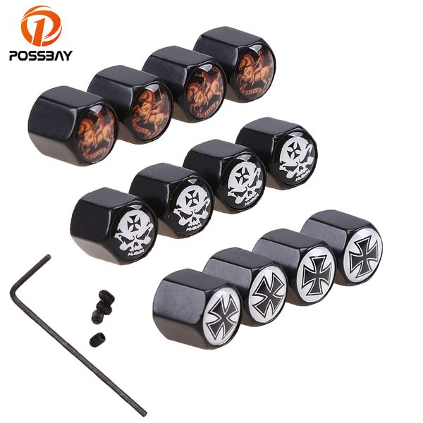 

possbay 4 pcs/set car tire valve caps wheel tyre air valve caps metal motorcycle bike skull type anti theft dustproof cover