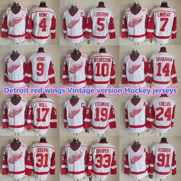 

detroit red wings vintage version jerseys 19 yzerman 9 howe 24 chelios 5 lidstrom 91 fedorov 14 shanahan excellent ccm hockey jerseys, Black;red