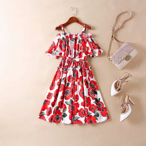

european and american women's clothing 2019 summer new style floral print falbala one word led fashionable red dress, Black;gray
