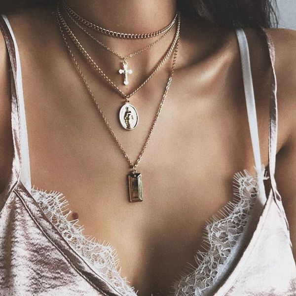 

pixnor multi-layer choker necklace cross jesus gold color shiny pendant charm necklace for women girls party jewelry, Silver