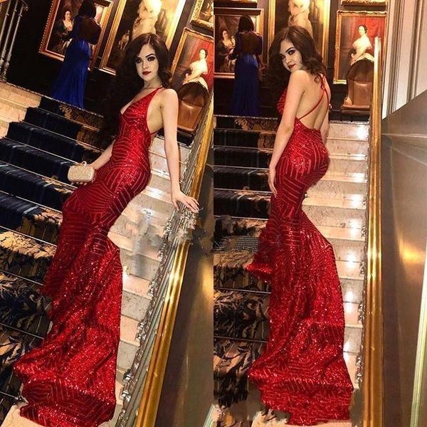 

Blingbling Red Sequins Prom Dresses 2019 Sexy Deep V Neck Crisscross Back Mermaid Prom Gowns Long Train Evening Party Dress