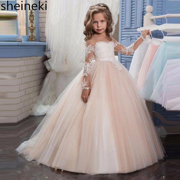 

in stock lace tulle ball gown flower girl dresses full long sleeves pink white ivory communion dresses vestido daminha, Red;yellow
