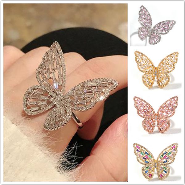 Nuovo personalizzato Rost Gold Colorful Bling Diamond Cubic Zirconia Hollow Butterfly Open Cuff Finger Rings Regolabile Index Ring per ragazze