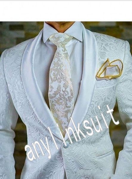 New populares Um botão branco Paisley Homens Wedding Suits xaile lapela Two Pieces Negócios noivo smoking (jaqueta + calça + gravata) W1262