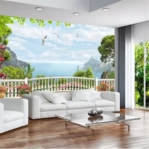 

custom any size 3d wallpaper 3d stereo european window balcony sea mural living room tv background bound wall painting wallpaper