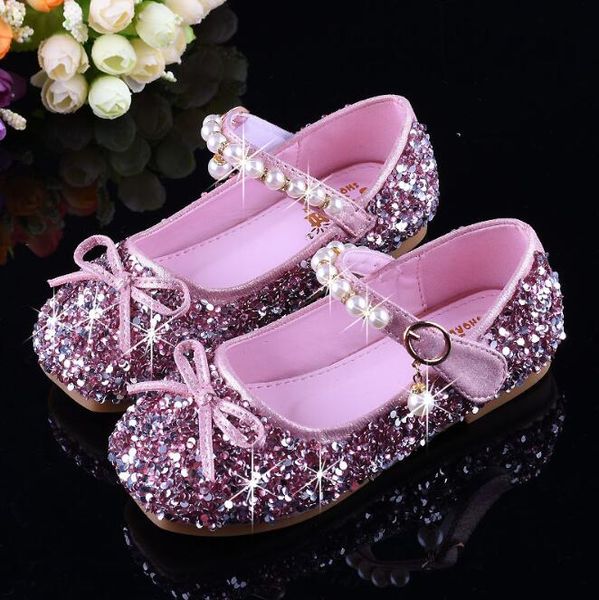 

girls rhinestone shoes new spring autumn princess leather shoes girls bow children baby low heel shining size 25-36, Black;grey