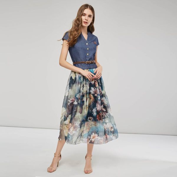 

vintacy женщины длинные maxi платье пэчворк denim vintage boho платье цветочные шифон летние каникулы пляж v шеи ремень карман сладкие, Black;gray