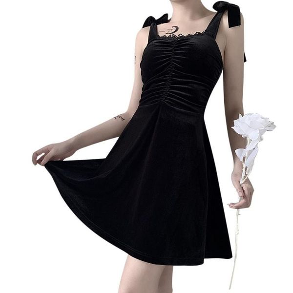 

dark girl suspender pleated dress vintage fashion lace high waist beautiful back solid color dresses 2020 spring new style, Black;gray