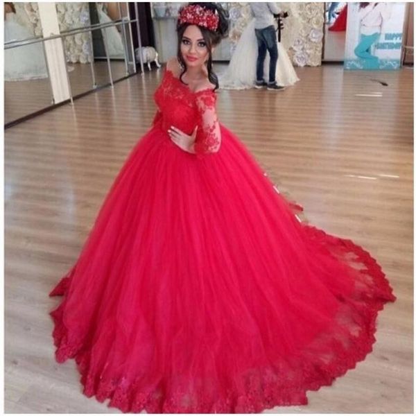 

2019 vintage off the shoulder long sleeve ball gown quinceanera dresses appliques lace up back tulle sweet 16 dress prom dresses