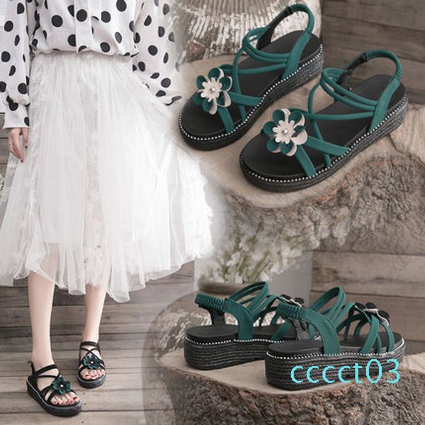 

fairy flower sandals for women summer 2019 new online red sponge cake platform word with wedge heel high-heeled women's shoes ct03, Black