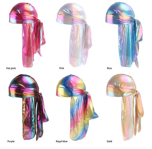 Bunte glitzernde Durags, Turban-Bandanas, glänzende, seidige Durag-Kopfbedeckung, Stirnbänder, Haarabdeckung, Wellenkappen für Herren, GD301